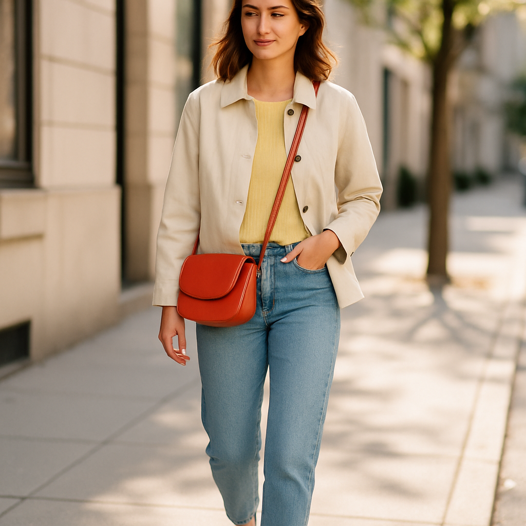 A woman in a butter-yellow top and tomato-red bag walks through a sunny city