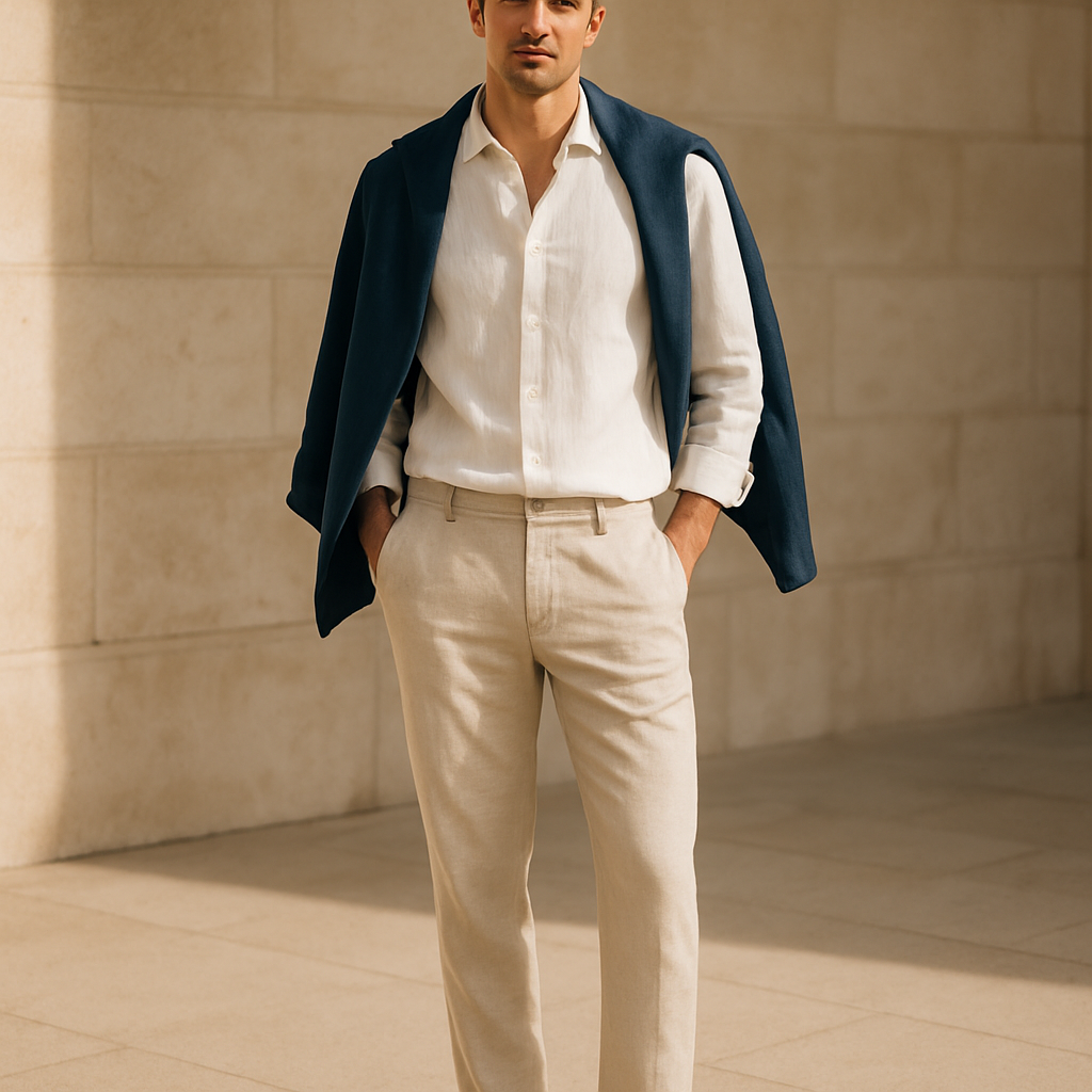 A polished summer linen outfit with tailored neutral trousers and a lightweight navy layer.