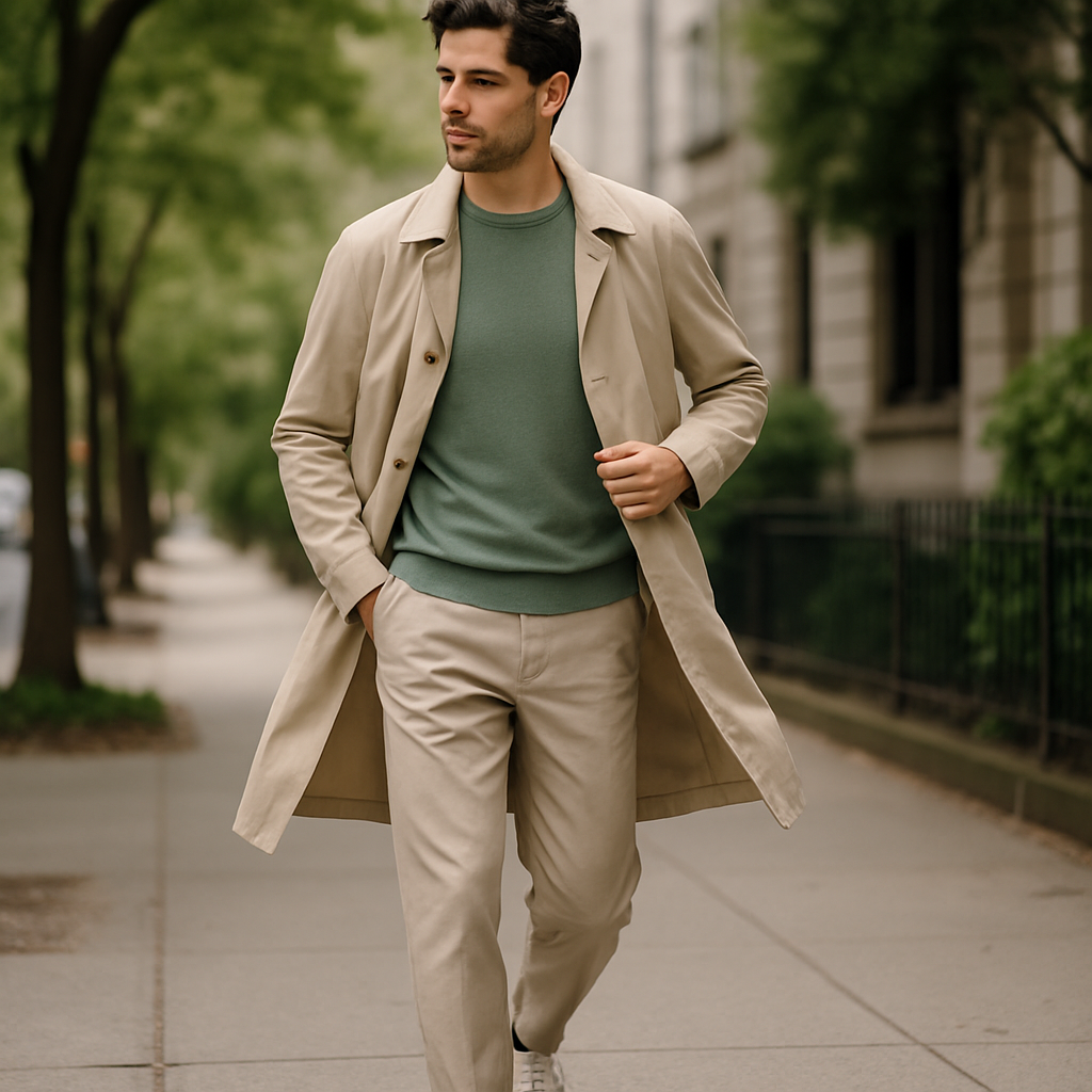 A man in a lightweight trench coat layered over a knit and shirt walks
