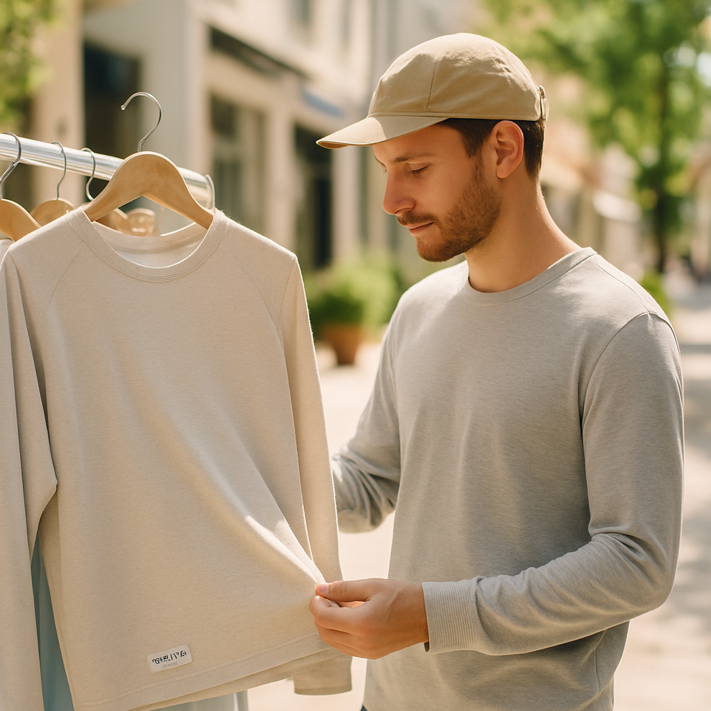 An adult checks a lightweight long-sleeved UPF 50+ garment while shopping on a sunny