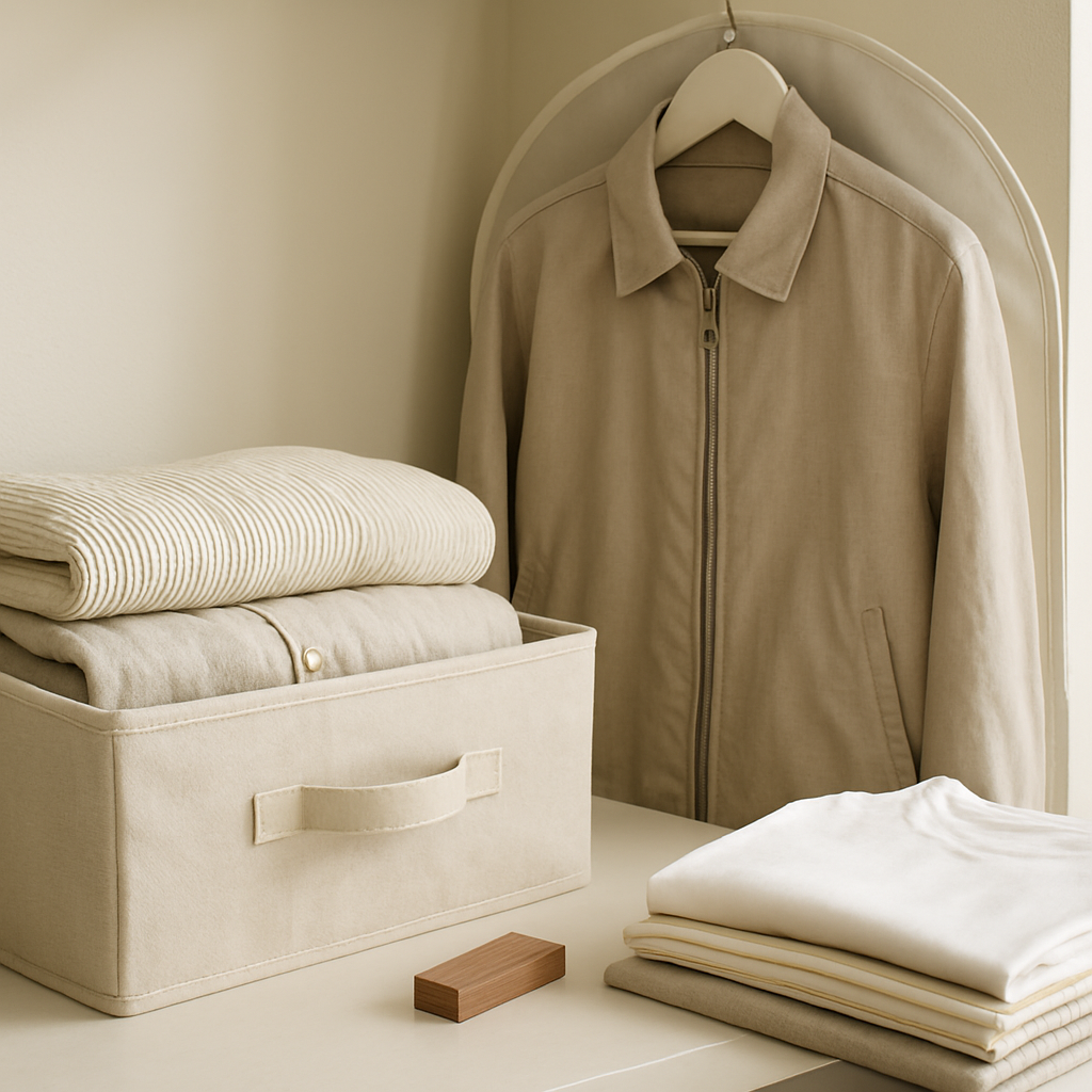 Clean spring layers folded in breathable storage and a garment bag, with summer clothes